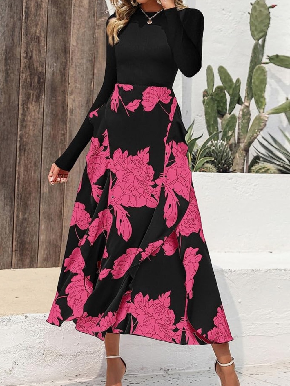 Black Maxi Dress with Pink Floral Print - Picture 1 of 2